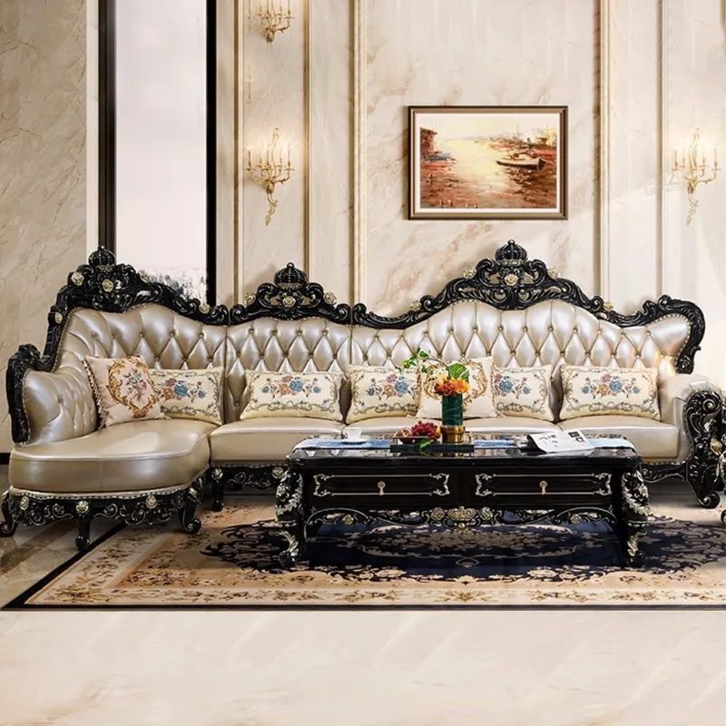 European-style solid wood corner sofa, villa large-sized living room sofa L-shaped household small-sized sofa black sandalwood