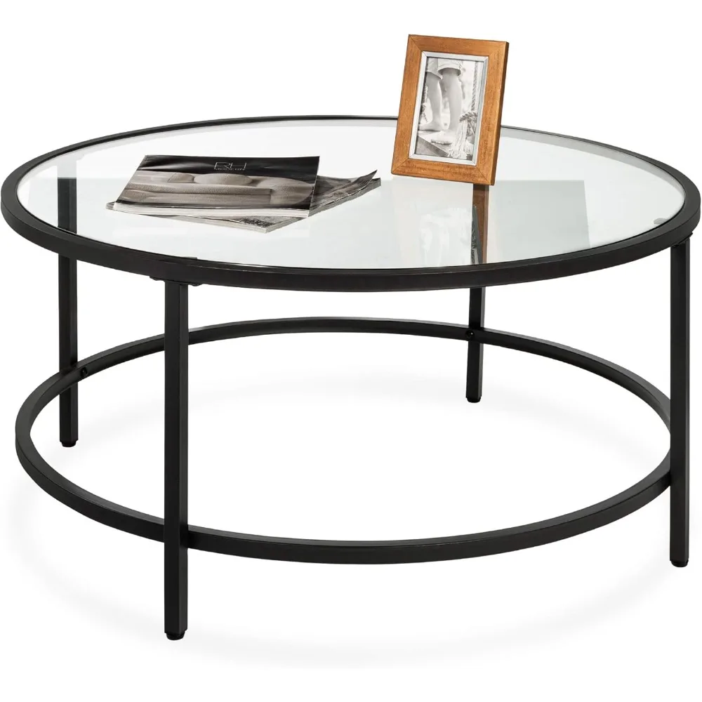 36in Modern Round Tempered Glass Accent Side Coffee Table for Living Room, Dining Room, Tea, Home Décor w/Metal Frame, Non-Marr