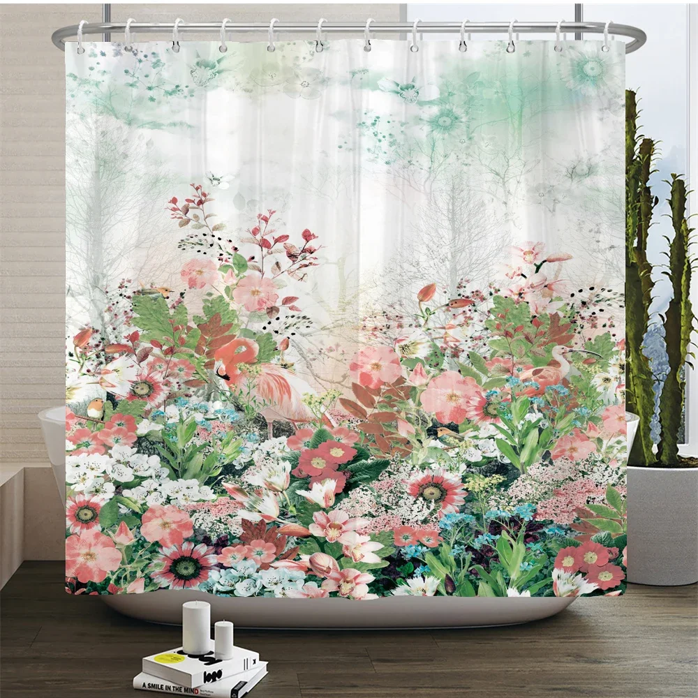 Elegant Flowers Shower Curtain 180x180cm Floral Shower Curtain Polyester Bath Curtain Bathroom Decor Machine Washable With Hooks