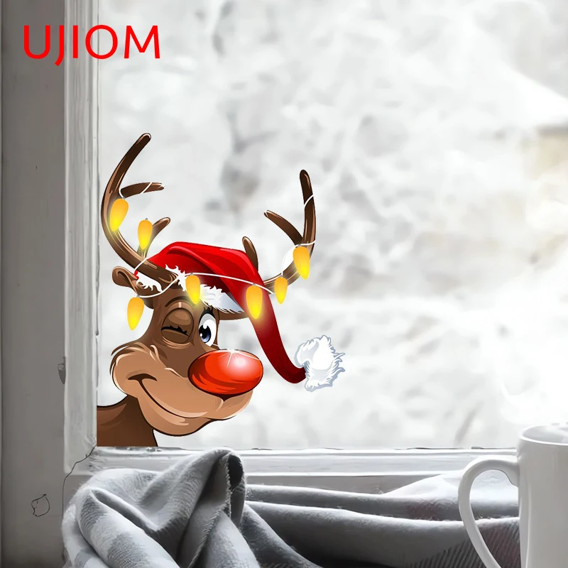 UJIOM 13cm X 10.3cm Christmas Elk Peeker Wall Stickers Sunscreen Graphics Living Room Cupboard Decal Room Decoration Mural