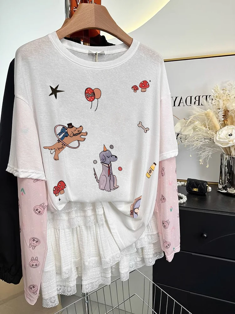 T-shirt bianca oversize ort Sve ex Protezione solare estiva allentata Top Design con abbellimento pesante Modello di giunzione alla moda