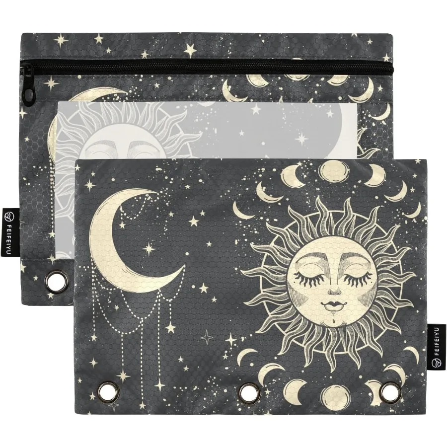 

Tarot Sun Moon Goth Binder Pouch Zippered Peil Pouches for 3 Ring Binder 2 Pack Binder Pockets 3 Holes Peil Case Bags with Clea