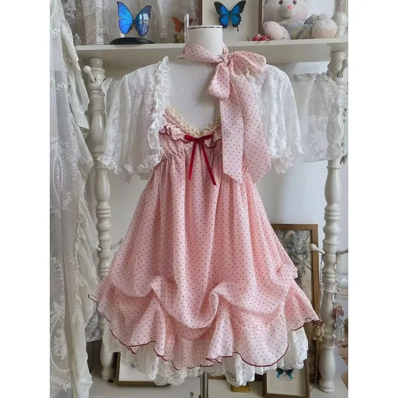 

Japanese Summer Fashion Sweet Cute 2 Piece Set Women Mini Lace Y2K Tops + Polka Dot Dress New Fit Chic Kawaii Fluffy Retro Suit
