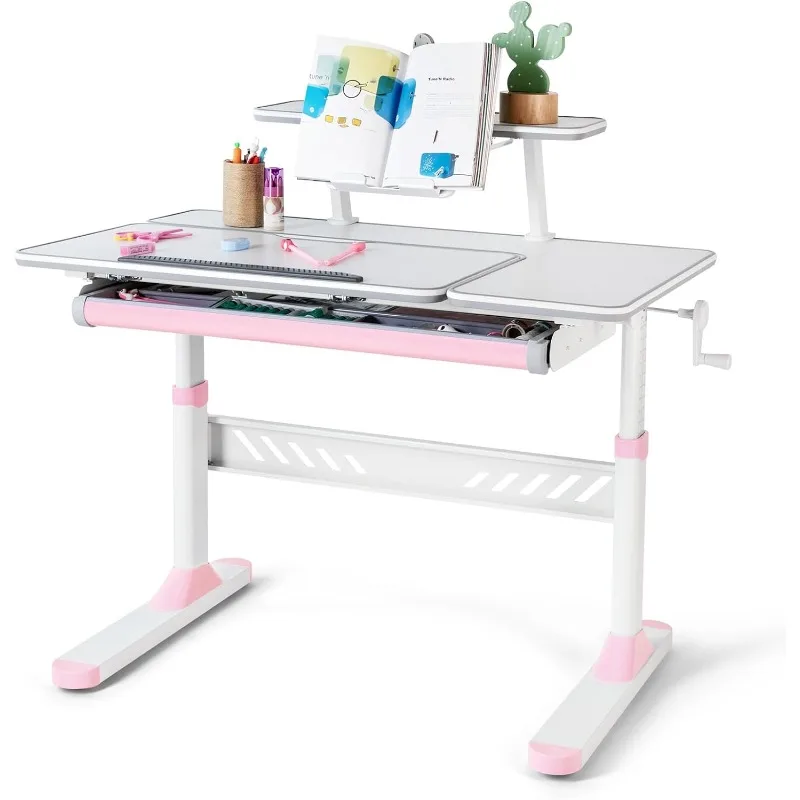 Adjustable Kids Desk with Drawer Multifunction Ergonomic Study Table with Shelf for Home or School Use, for Girls (Pink)