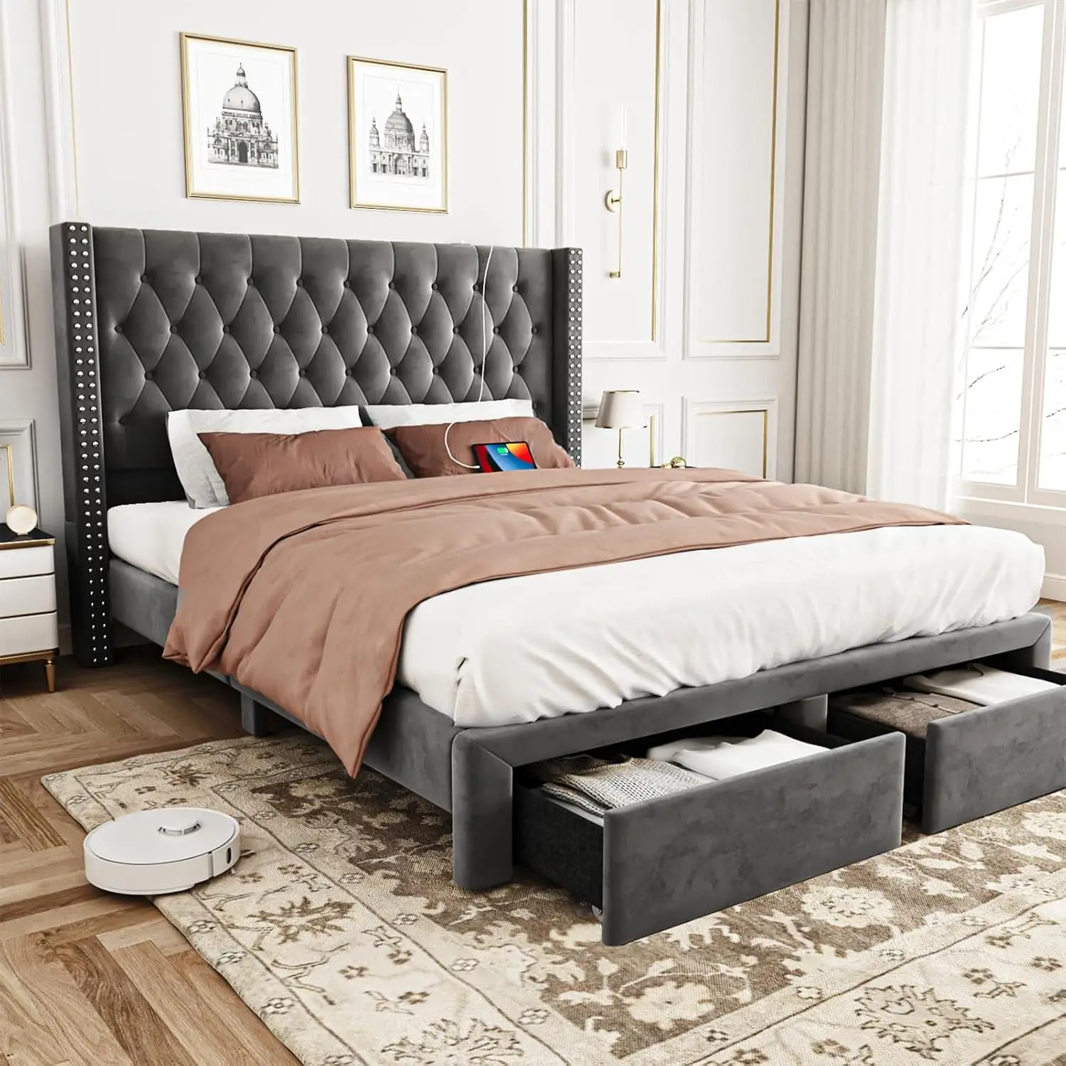 Upholstered Bed Frame Queen with Headboard and Storage, Velvet Tall Bed Frame with 2 Drawers, Tufted Wingback Bed Frame