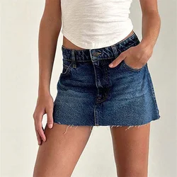 High Street Women Cargo Mini Denim Skirt Aesthetic Y2k 90s Vintage Low Waist Raw Hem Frayed Summer Jeans Skirt with Pockets