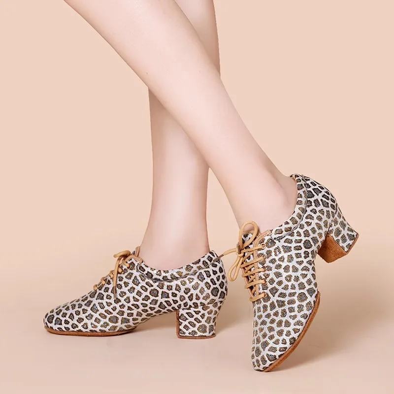 Sneakers Latin Dance Shoes Female Adult Square Dance Shoes Sports Breathable Shoes Cloth Leopard Print Ballroom Dancing Shoes