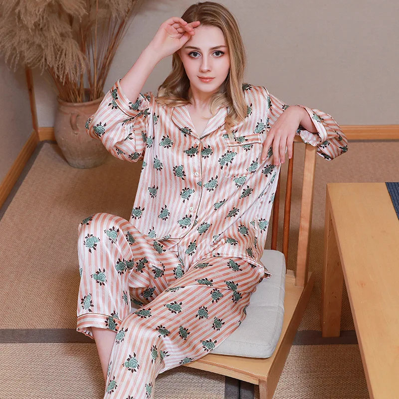 Heavyweight Silk Pajamas 100%Silk Spring/Autumn Loose Two Piece Set Long Sleeve Women\'s Fashion Casual Home Fur