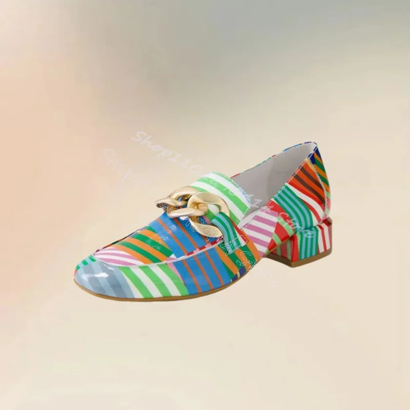 

Gold Chain Colorful Stripe Design Pumps Slip On Women Shoes Chunky Heels New Party Feast Banquet Dating 2024 Zapatos Para Mujere