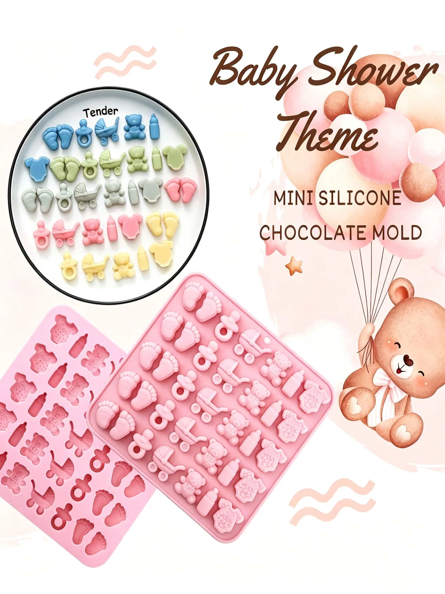 1pcs Silicone Chocolate Mold for Baby Party Footprint Bottle Teether Stroller Bear Shape Cute Cake Cupcake Decoration Mold for