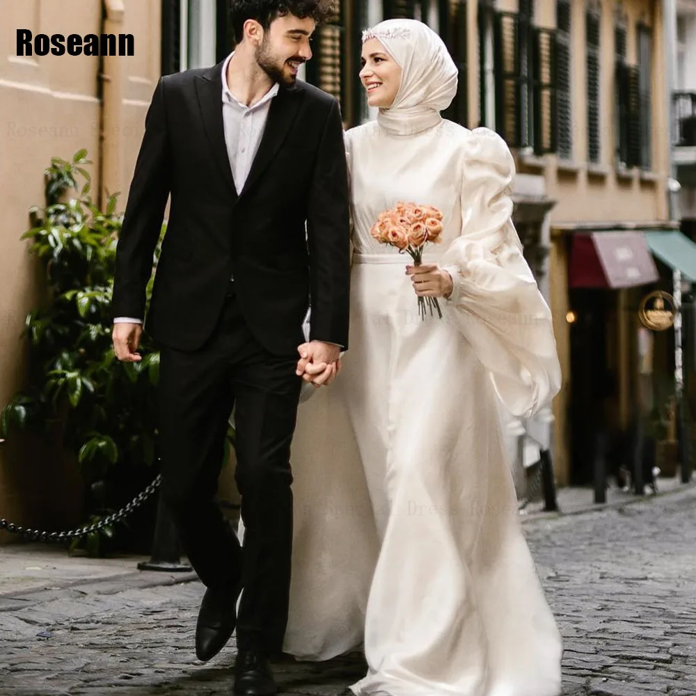 

Muslim 2024 New Design High Collar Puff Sleeve Ivory A-line Wedding Dresses Floor Length Bride Dress Brush Train robe de mariée