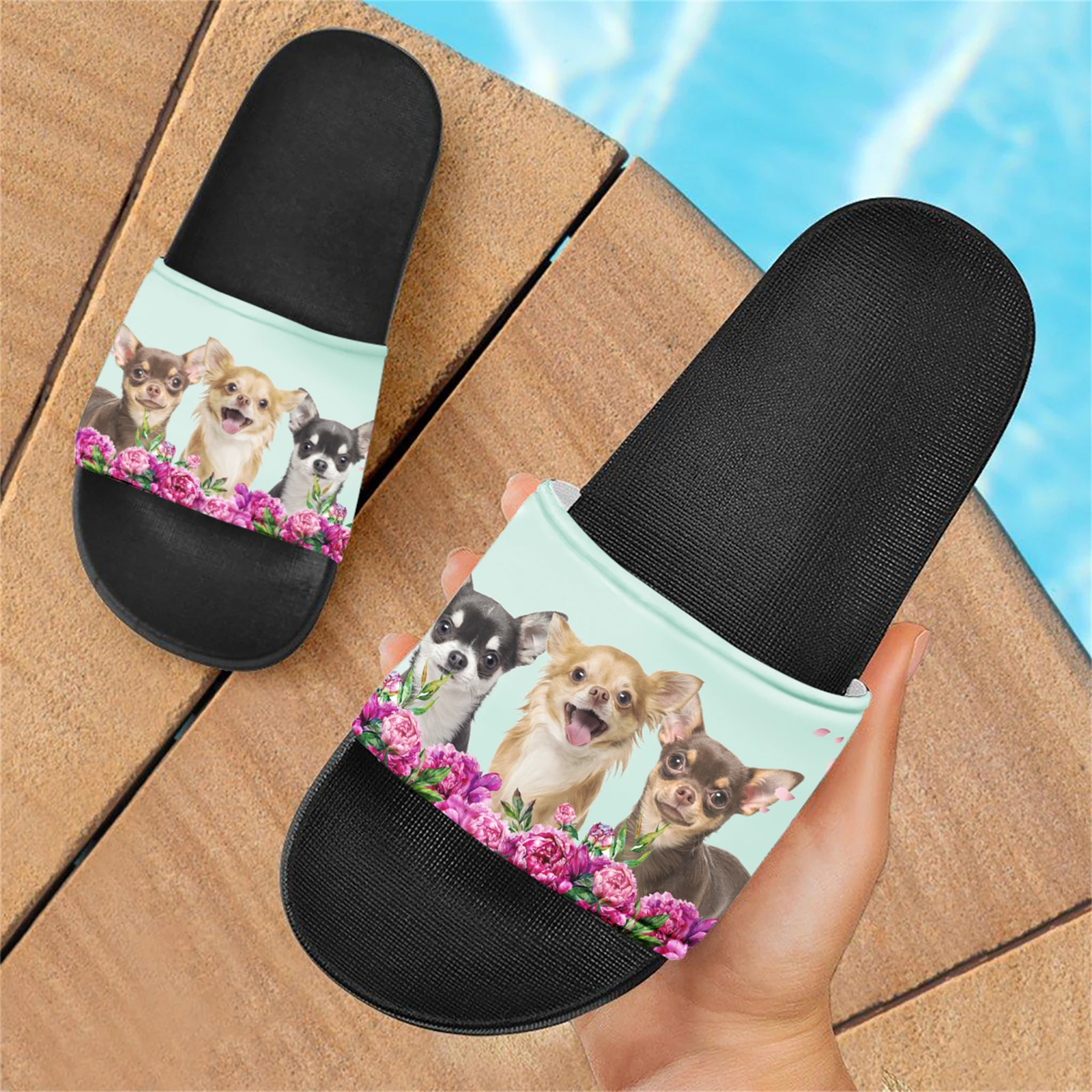 New Soft Sole Sandals Couple Home Outdoor Slippers Summer Chihuahua Printing Unisex Bathroom Bedroom Flat Slides Female Gift