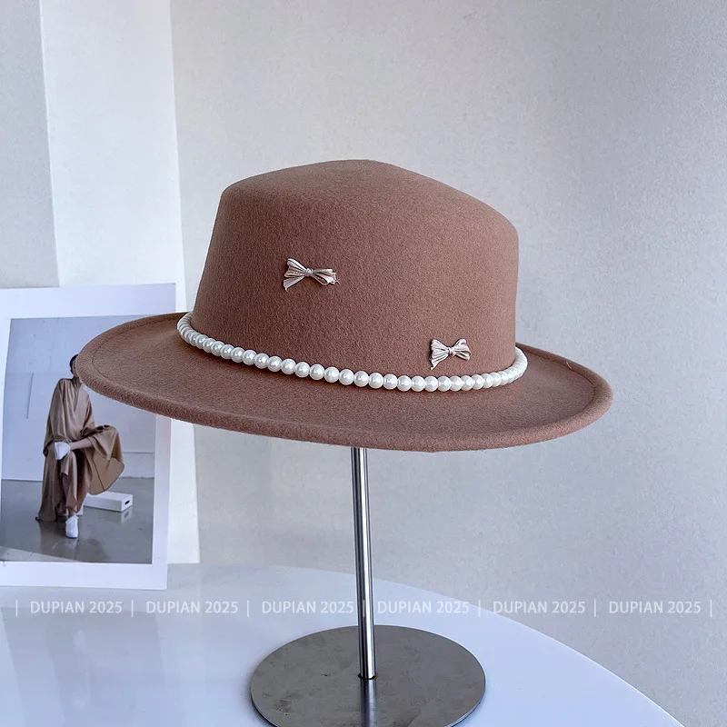 French Elegant Fashion Pearl Chain Wool Flat-top Jazz Hat Luxury Versatile Suitable Any Occasion Hepburn-style Lady Banquet Hat