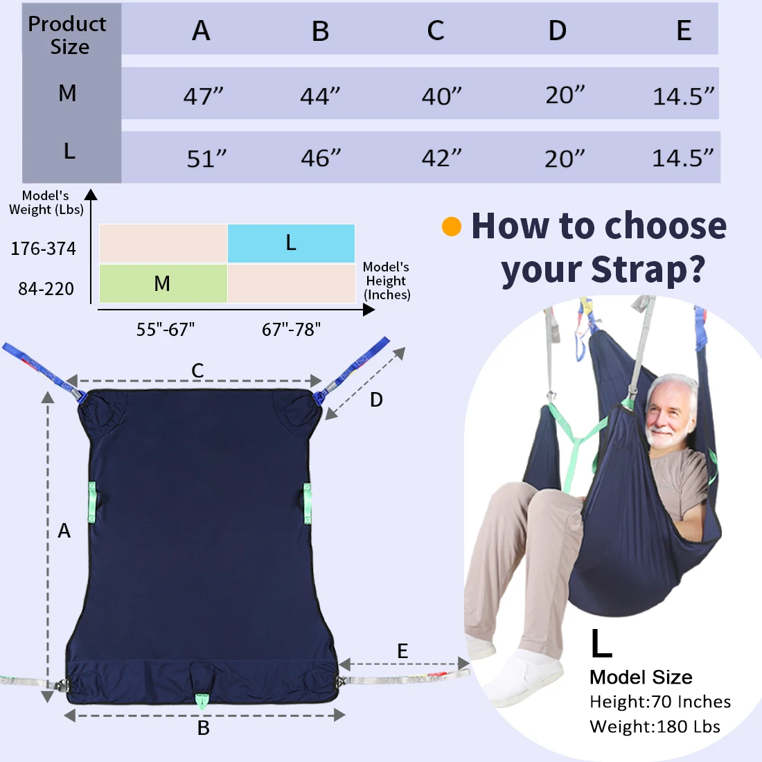 Ehucon Soft Full Body Patient Lift Sling, Comfortable Sit Transfer Hoist for Elderly Disabled, Hoyer Style Aid SWL 230kg