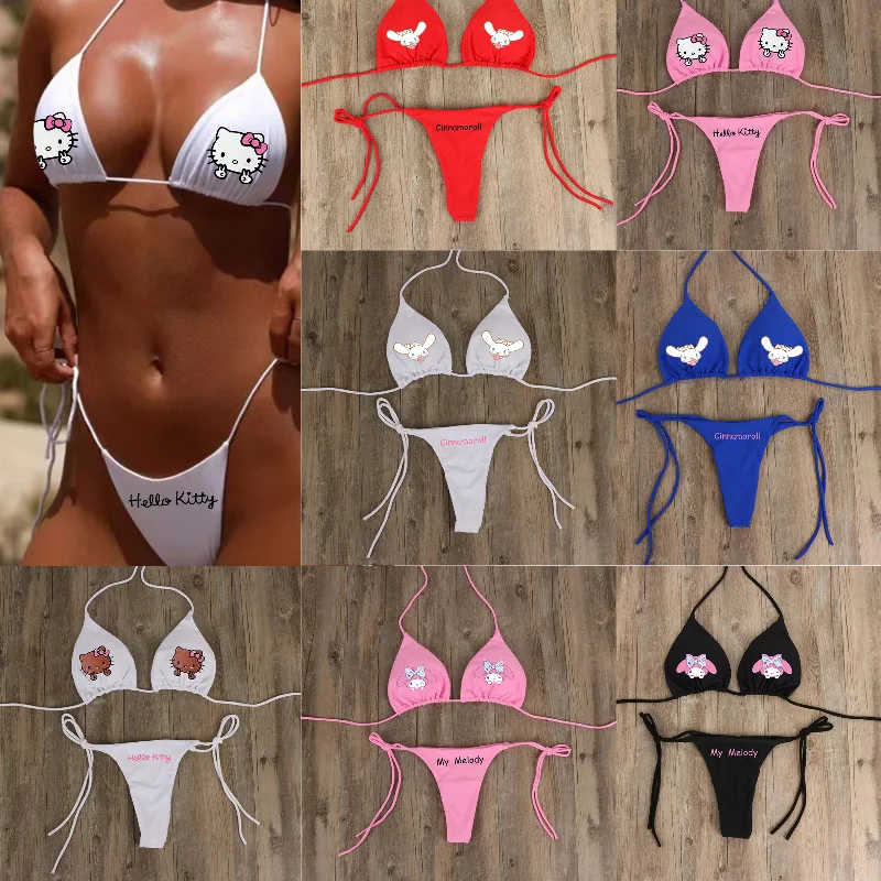 Kawaii ชุดว่ายน้ําผู้หญิง 2 ชิ้น Hellokitty พิมพ์ชุดบิกินี่สาวน่ารักเซ็กซี่ชุดชั้นใน Bra Thong หญิง Beachwear ฤดูร้อน