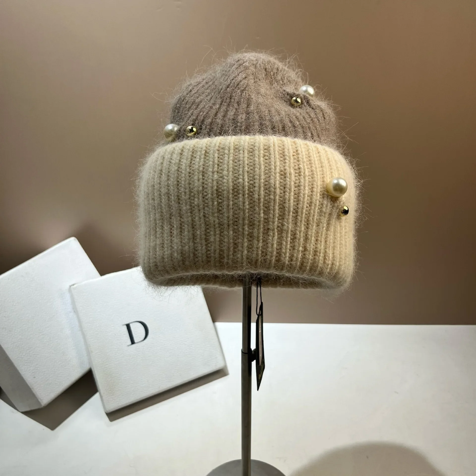 Wintertweed Style Pearl Color Block Warm Knit Hat Thickened Double Layer Angora Rabbit Fur Hat Breathable For Cold Northern Regi