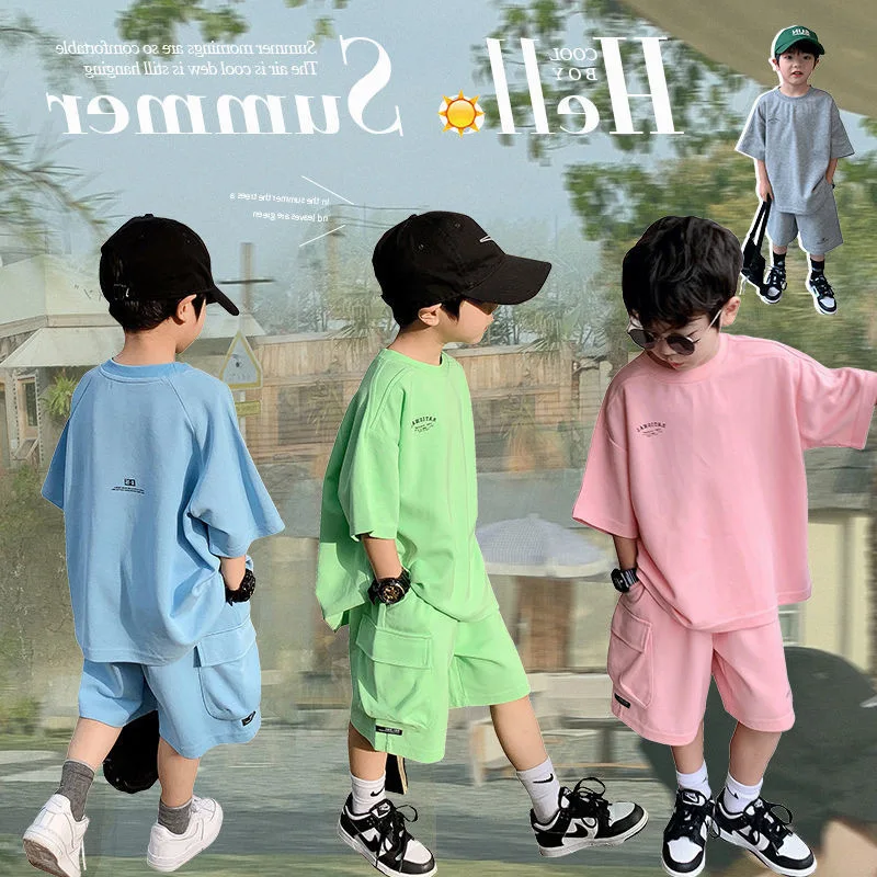 ZOETOPKID Casual Boys Cotton Loose Alphabet T-shirt Tops+Short Pants Set School Kids Tracksuit Children 2-Piece Outfit Suit