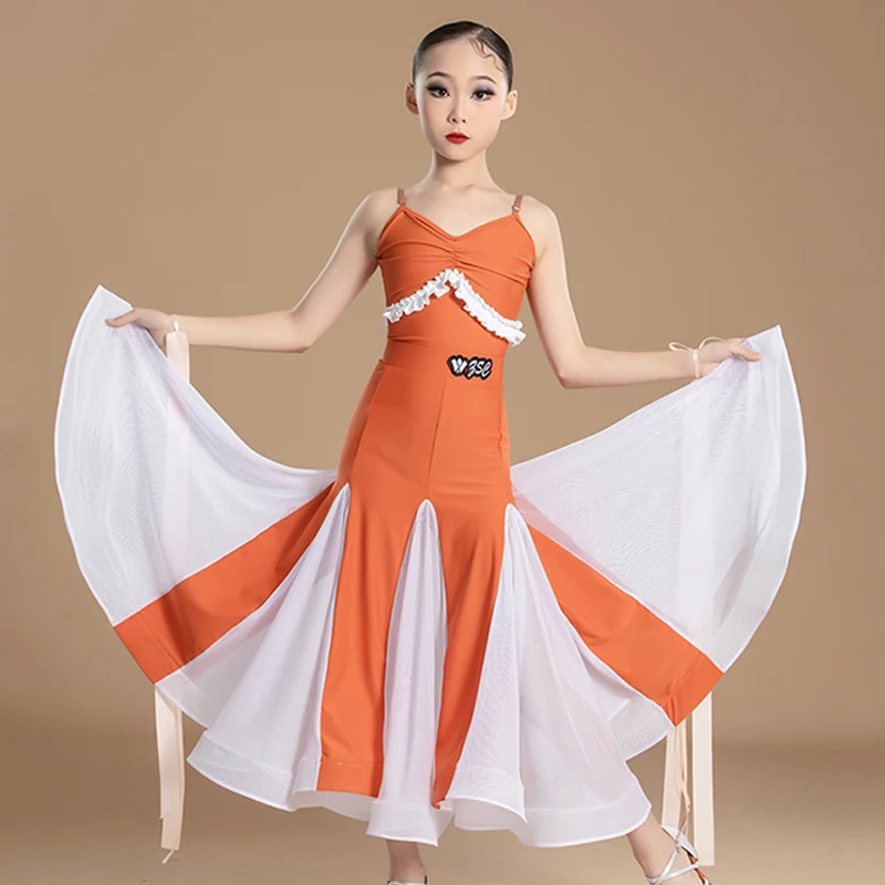 

New Summer Ballroom Dress Girls Orange Sleeveless Dress For Standard Waltz Modern Dancing Competition Suit Stage Wear VDL259