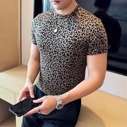 Men's Slim-Fit Short Sleeve Cotton T-shirt, Leopard Print Mid-Collar Bottoming Shirt, High-Grade Half-Turtleneck Stretch Tees