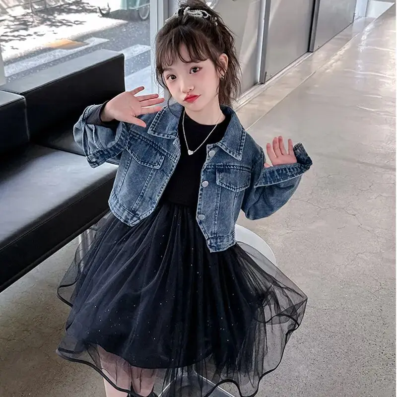 

Spring and Autumn Girls' Clothing Set New Korean Style Elegant Children's Black Dress Denim Jacket Two Piece Set