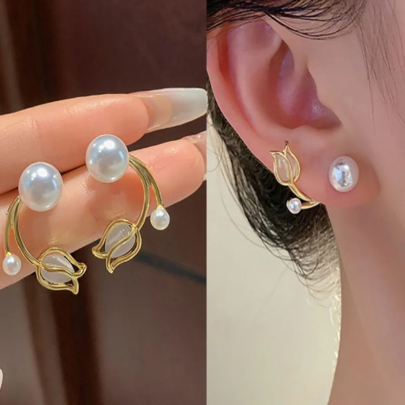 Korean New Light Luxury Crystal Flower Stud Earrings For Women Fashion Crystal Imitation Pearl Sweet Earring Girl Jewelry