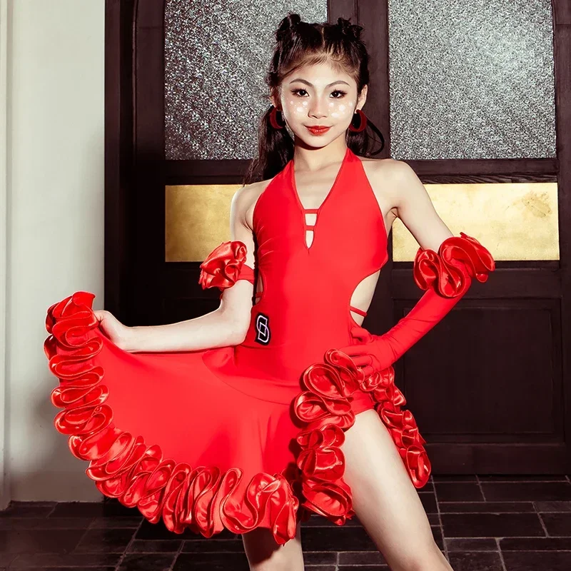 2024 Girls Latin Dance Competition Dress Red White Floral Performance Costume Rumba Ballroom Dance Clothes Stage Wear