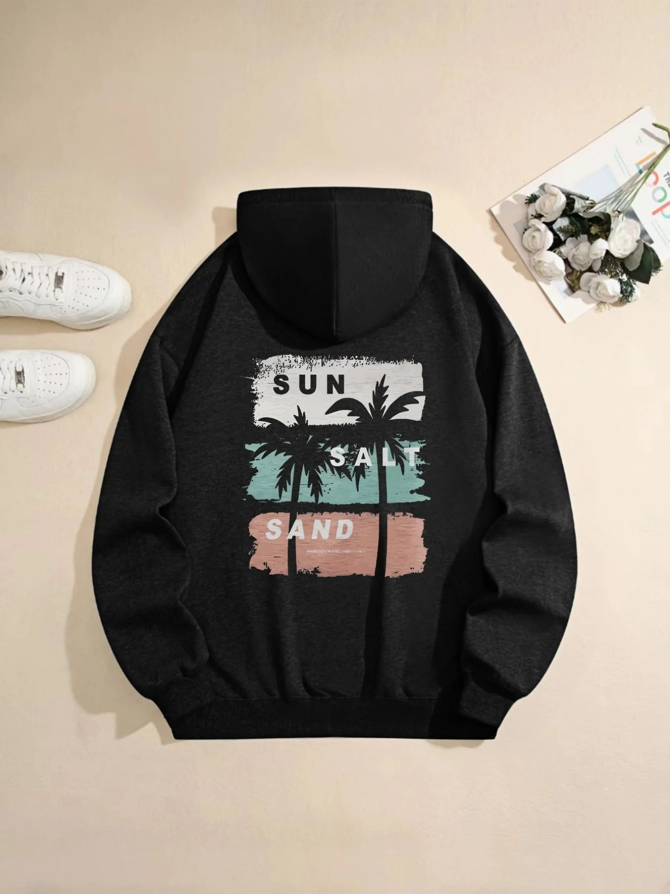 Stampa di lettere di palma Felpa con cappuccio comoda per l'autunno e l'inverno quotidiana, casual, sportiva, girocollo, da donna, a maniche lunghe