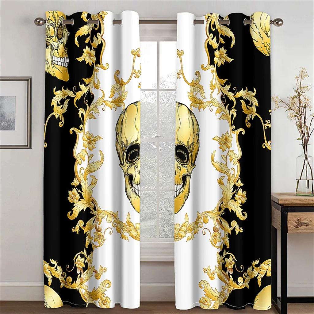 3D Print Modern Luxury Brand Design Black and Gold Pattern Thin Shading Polyester Curtain for Living Room Bedroom Decor Hooks