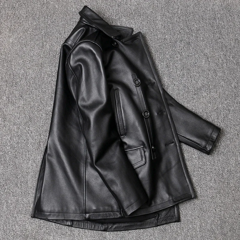 LNY Shop.7Xl plus autumn man Trench leather Jacket,men's genuine Leather coat.black cowhide windcoat.long leather cloth