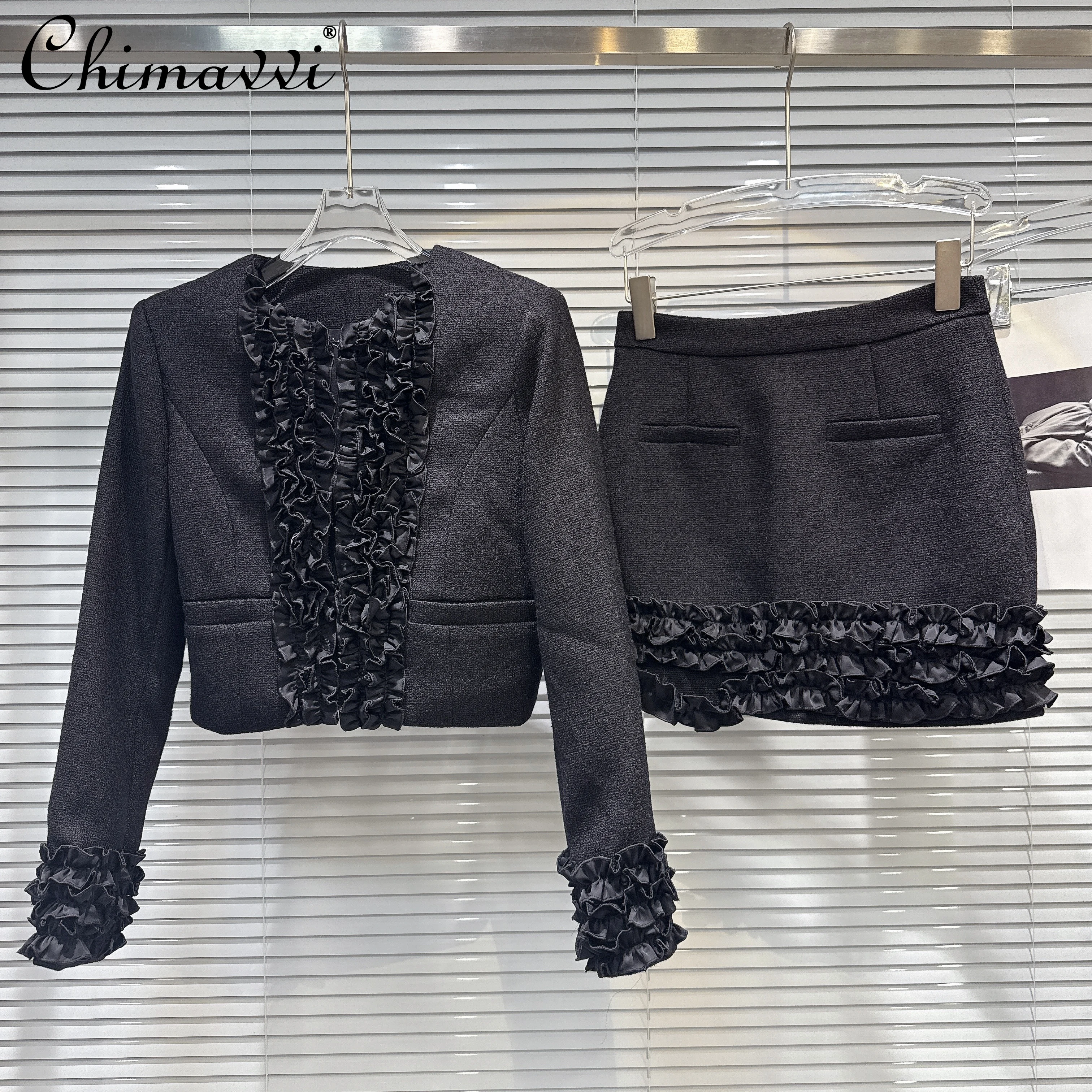 

Осенний элегантный модный светский короткий пиджак с 3D цветочным принтом и длинными рукавами, высокая талия, тонкая юбка с рюшами, комплект из двух предметов для женщин