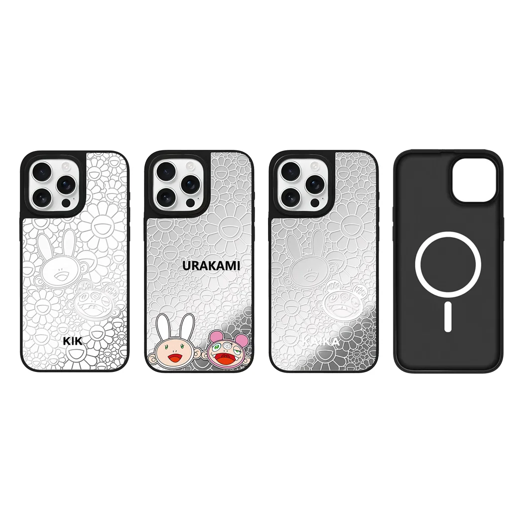 

Cartoon Flowers Mirror Surface Black Border Magnetic Phone Case for IPhone 16 15 14 13 12 Pro Max Cover