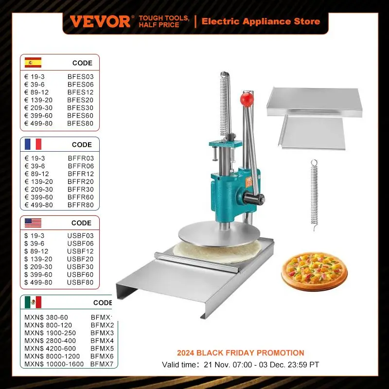 VEVOR Manual Pizza Dough Press Machine 9.5inch/24cm Household Pizza Pastry Stainless Steel Pizza Presser Chapati Sheet Pizza