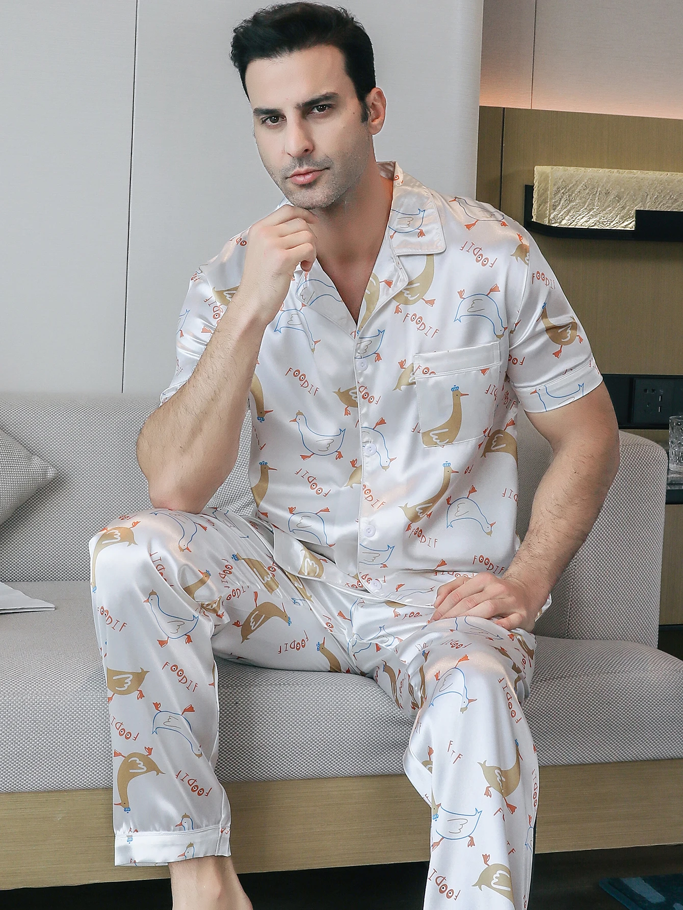 Two piece sets men's sleepwear summer short sleeved pants duck pattern printed home clothes sleepwear set