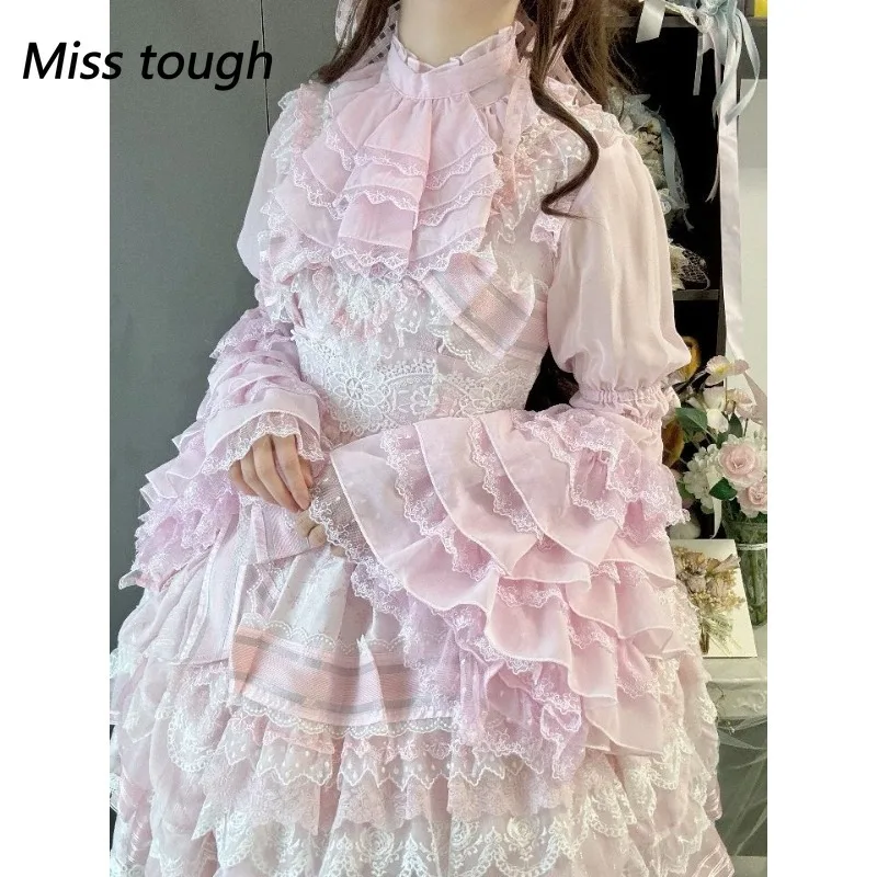 الشتاء اليابانية لوليتا نمط الصلبة النساء البلوزات نفخة الأكمام أنيقة الدانتيل قمصان Y2k الجمالية الحلو القوس JK الشيفون تصميم القمم #5