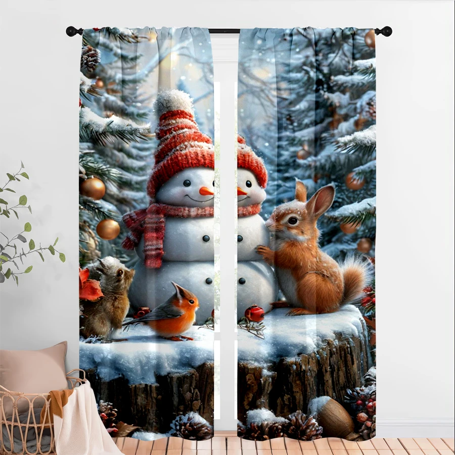 2PCS Digital Print Christmas Curtains, Snowman Hat Rabbit Squirrel Robin Stump, Cute Warm Window Drapes for Holiday Home Decor
