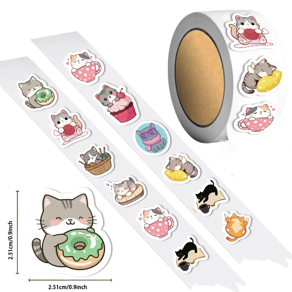 500Pcs Creative Cartoon Cat Mini Pattern Roll Stickers, Waterproof Decorative Graffiti Decals for Laptops, Envelopes and Sealing