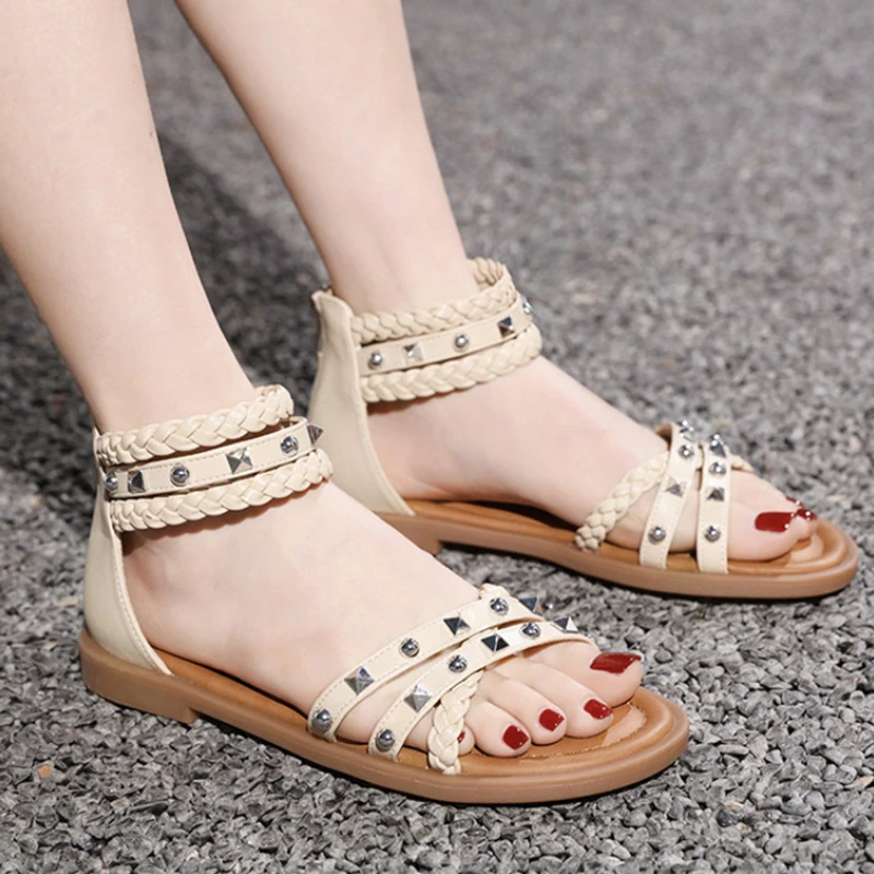 

Summer Gray Braided Strap Studded Flat Sandals Open Toe Back Zipper Soft Non Slip Sole Comfortable Casual Shoes For Daily Wear