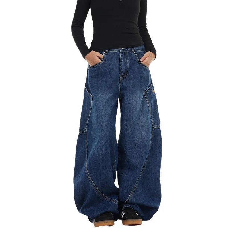 WTHT موضة الرجال غير النظامية المرقعة جيوب الدنيم السراويل خمر النمط الأمريكي فضفاض واسعة الساق الجينز الذكور 2025 الصيف 2A0782