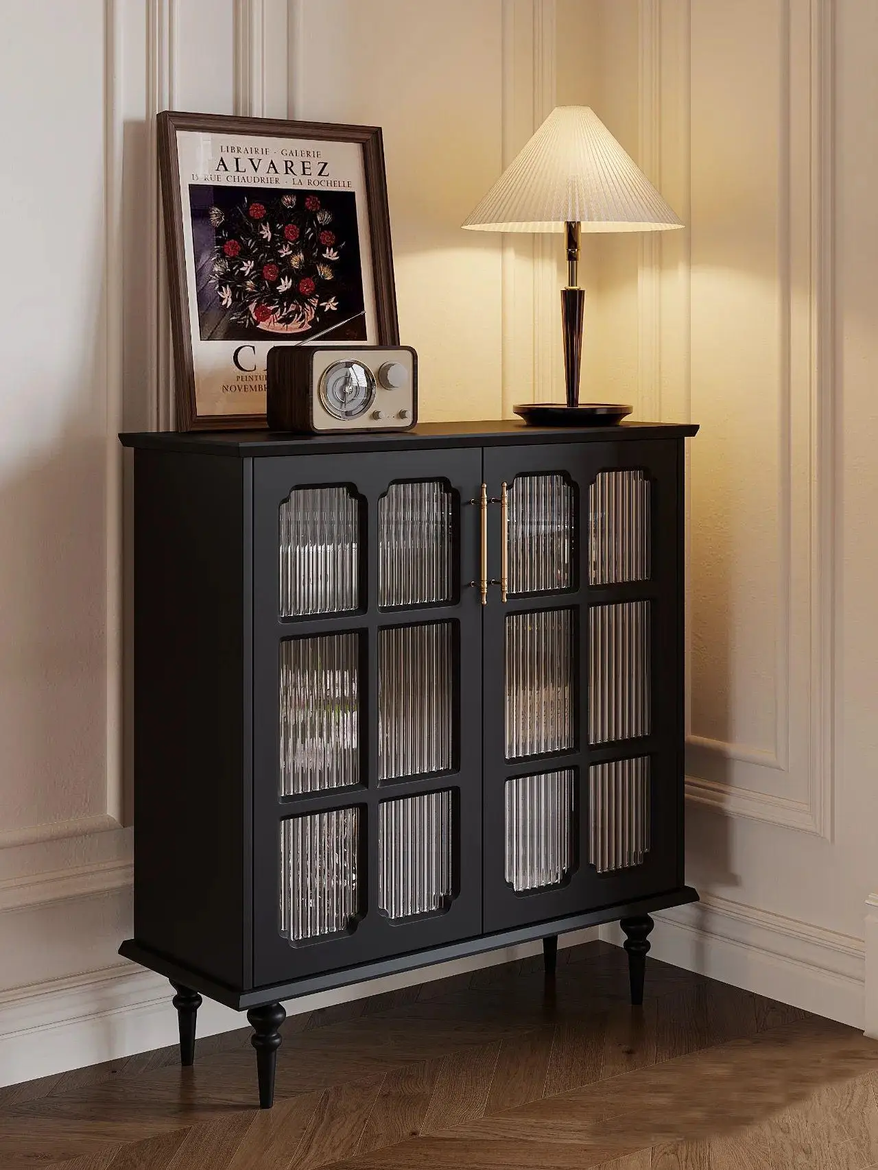 

American retro solid wood storage thin cabinet black ultra-thin narrow entrance tea cabinet
