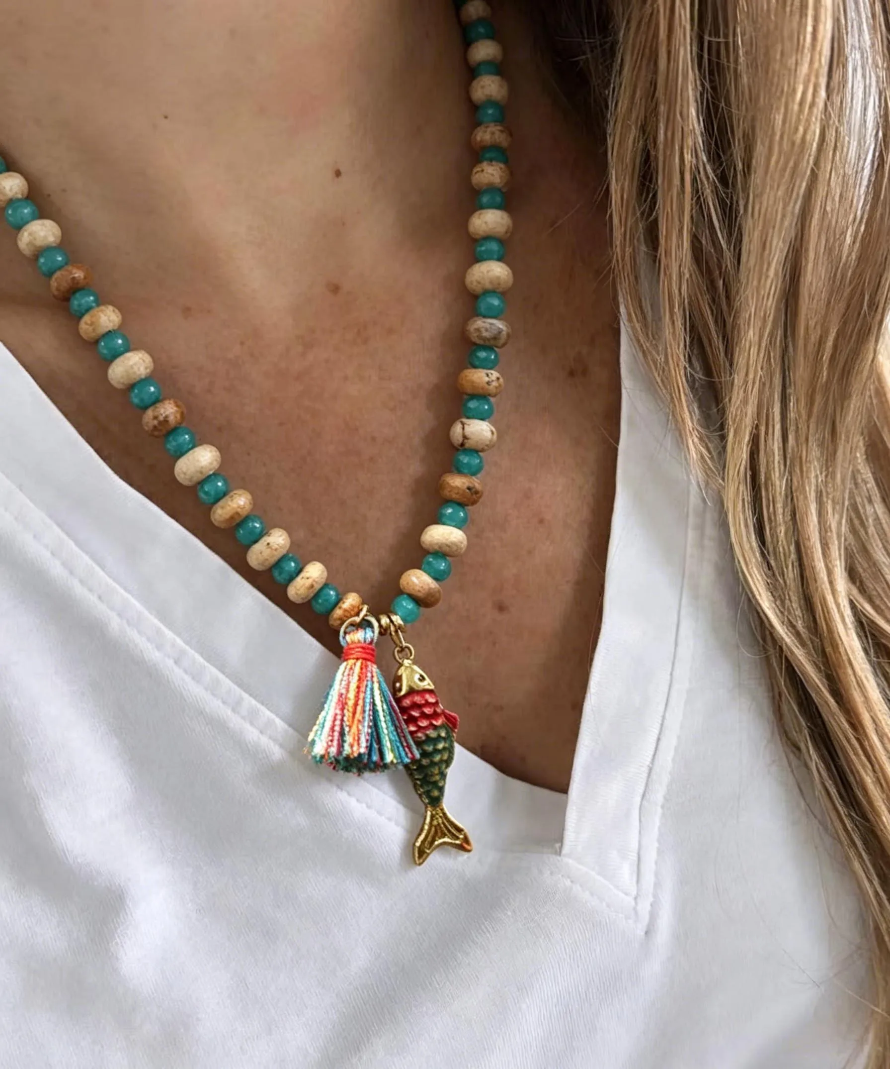 

Bohemian style glazed stainless steel color preserving small fish pendant handmade tassel bead necklace party Jewelry gift