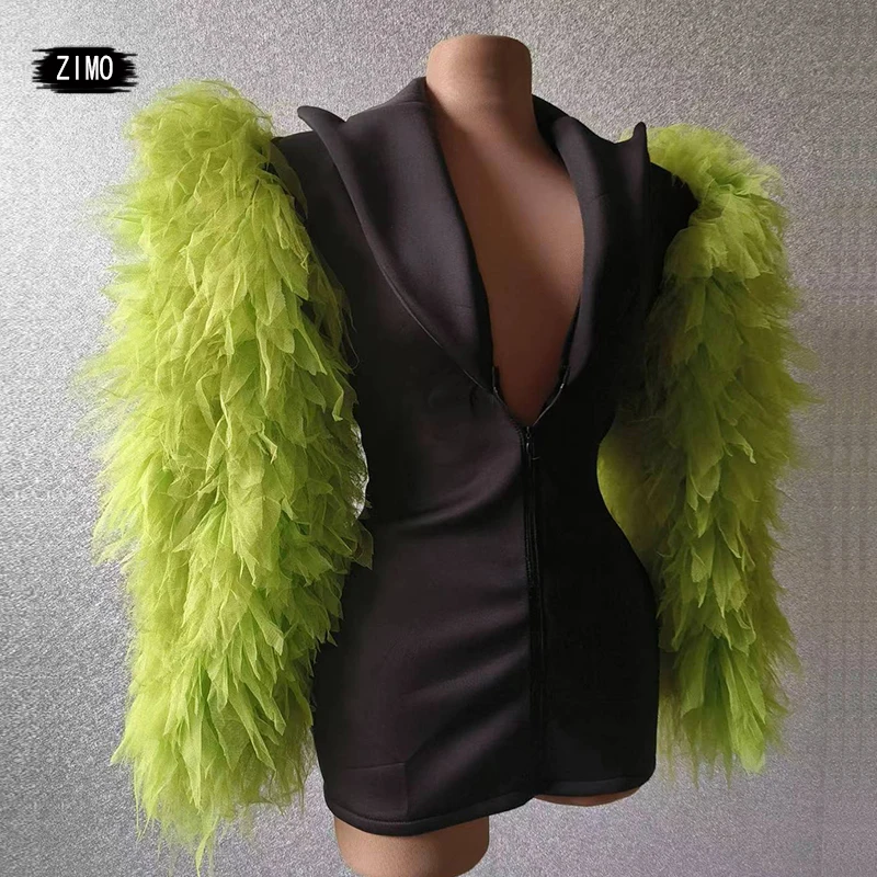 

New Fashion Green Mesh Cuff Black Suit Women Nightclub Party Birthday Performance Costume DS Dance Sexy Stage Drag Queen Outfit