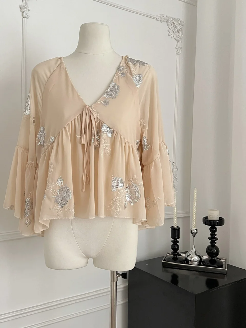 

Ele Ladylike Sle Sequin Embroidery Blouse Women Summer Heavy Work V-Ne Puffy Sve Chiffon Doll irt Faionable