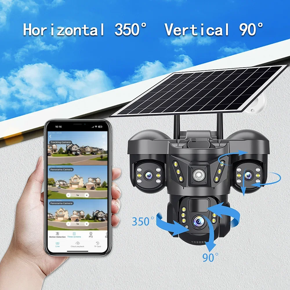 15MP Outdoor Solar 4G Camera Three Lens Three Screen PIR Motion Detection Cam Waterproof Night Vision Smart Security PTZ CCTV