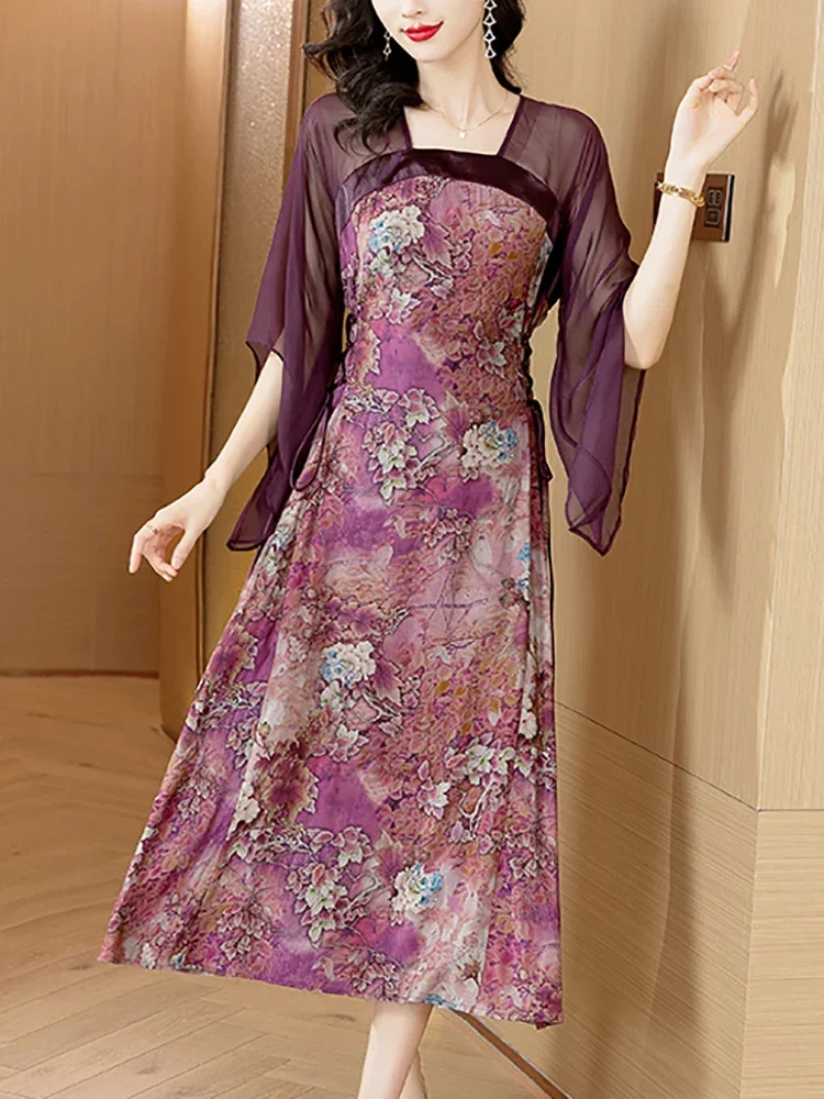 

Summer Purple Floral Silk Patchwork Batwing Sleeve Luxury Long Dress for Women 2025 Korean Vintage Elegant Loose Party Vestidos