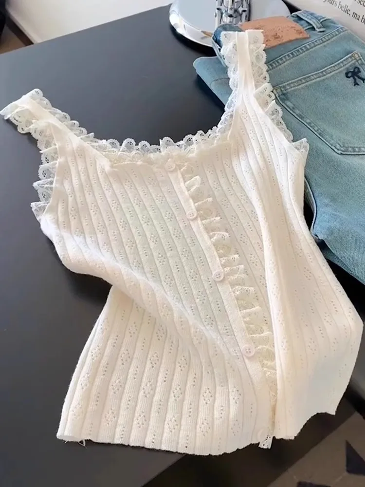 Delicate Lace Trim Hollow Knitted Small Strap Vest Women's Base Shirt Beautiful Backless Sleeveless Top Outerwear