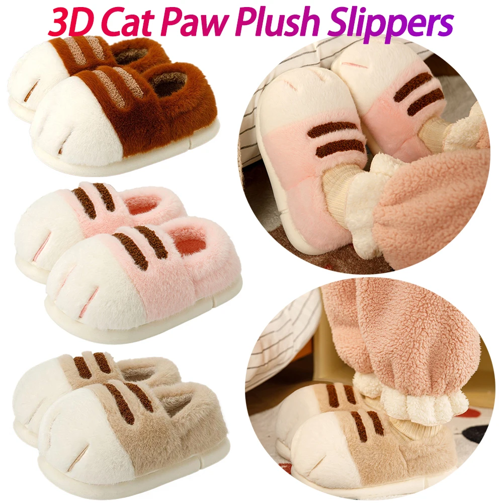 

3D Cat Paw Plush Slippers Warm Slip-on House Shoes Comfortable Furry Paw Couple Slippers Cute Paw Slippers for Autumn Winter