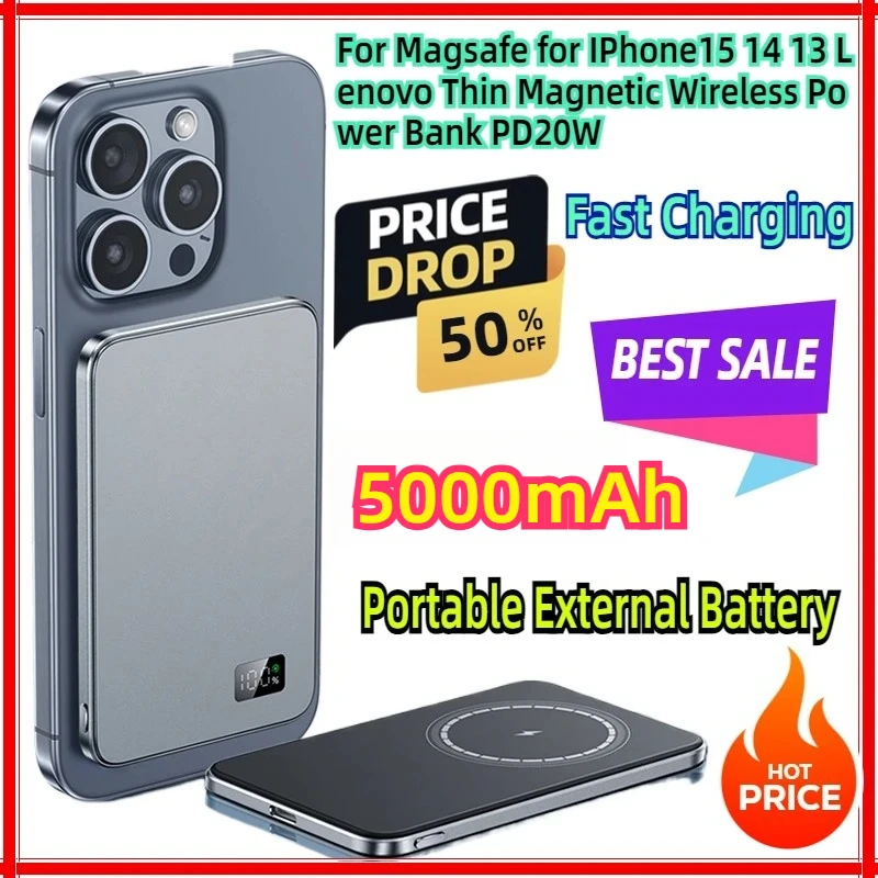 

For Magsafe for IPhone15 14 13 Lenovo 10000mAh Thin Magnetic Wireless Power Bank PD20W Fast Charging Portable External Battery