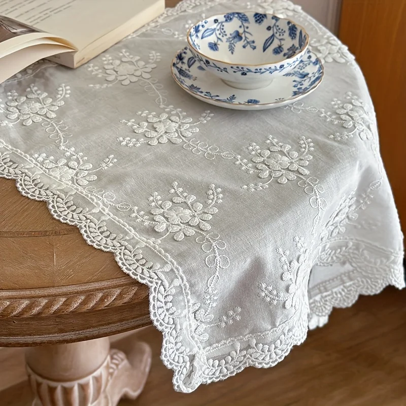 1PC Pastoral White Embroidered Lace Tablecloth 100% Cotton Mat Multi-functional Dust Cover for Microwave Printer Projector 식탁보