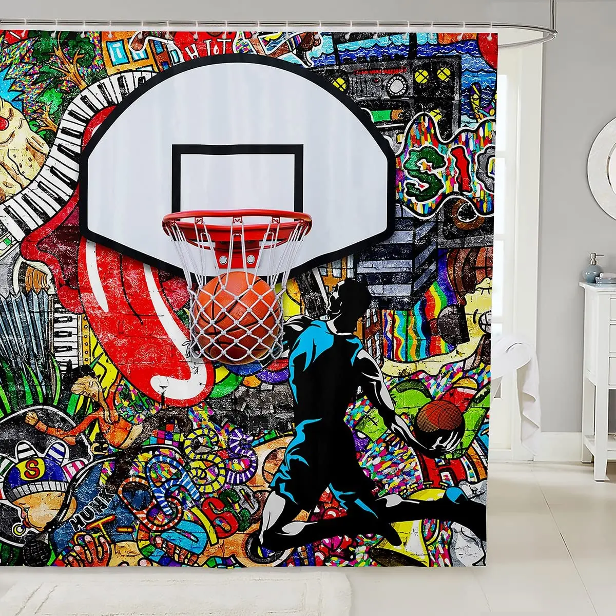 Basketball Shower Curtain Sports Graffiti Silhouette of An Athlete Slam Dunking Basketball Hippie Birthday Gift Bathroom Curtain