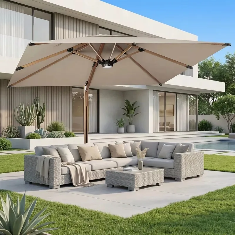 Modern waterproof 4x3 meter cantilevered garden umbrella with LED lights rotating 360 degrees